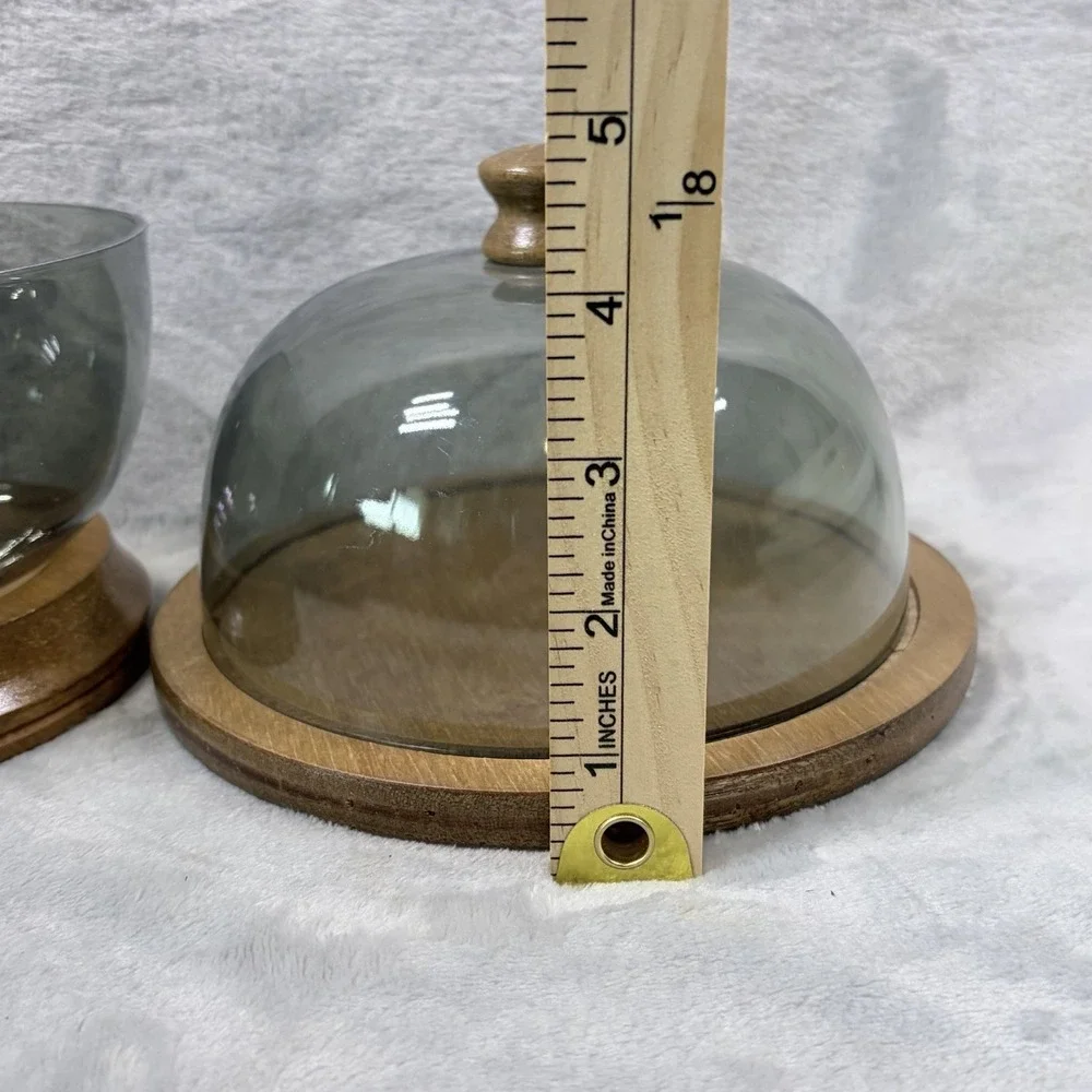 Vintage MCM Smoked Plastic Dome Cloche Wood Pedestal Cheese Server Bowl 8.5